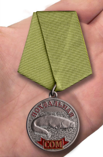 Медаль рыбака "Сом" в футляре из флока бордового цвета – вид на ладони