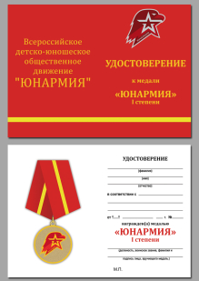 Медаль Юнармии 1 степени в футляре с удостоверением