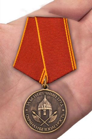 Медаль "За безупречный труд. Охрана и безопасность" в наградном футляре из бархатистого флока - вид на ладони