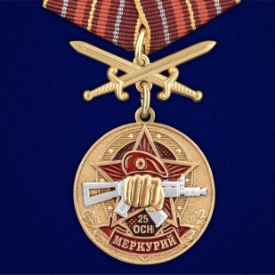 Медаль За службу в 25-м ОСН Меркурий на подставке - общий вид
