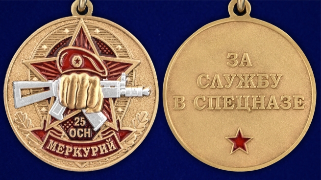 Медаль За службу в 25-м ОСН Меркурий на подставке - аверс и реверс