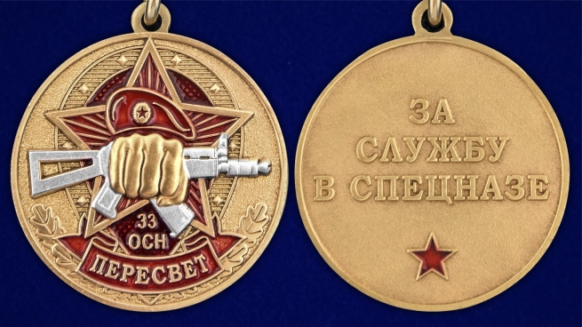 Медаль За службу в 33 ОСН Пересвет в футляре из флока
