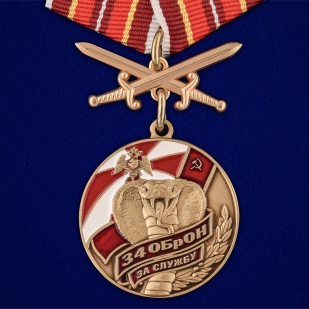 Медаль За службу в 34 ОБрОН с мечами  на подставке - общий вид