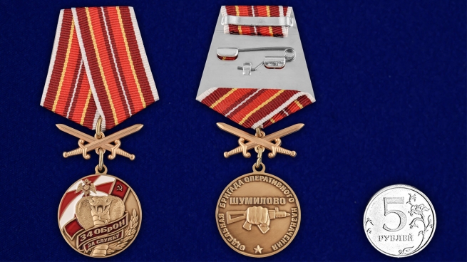 Медаль За службу в 34 ОБрОН с мечами  на подставке - сравнительный вид