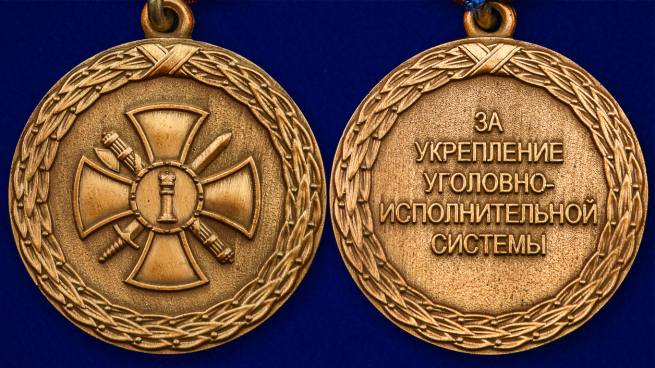 Медаль "За укрепление уголовно-исполнительной  системы" 1 степени Минюст РФ в бархатистом футляре из флока – аверс и реверс