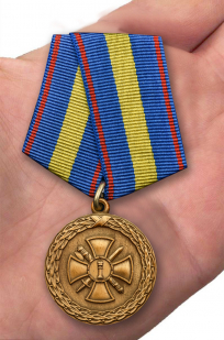 Медаль "За укрепление уголовно-исполнительной  системы" 1 степени Минюст РФ в бархатистом футляре из флока – вид на ладони