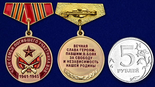 Миниатюрная медаль «Член семьи погибшего участника ВОВ» - сравнительный размер