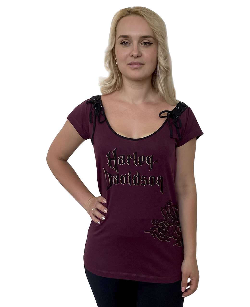 Женская мото футболка Harley-Davidson – стильная шнуровка на плечах + открытая грудь и спинка №1093