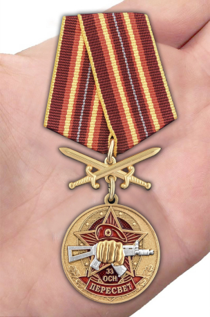Нагрудная медаль За службу в 33-м ОСН Пересвет - вид на ладони