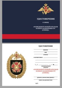 Нагрудный знак Разведывательного батальона ОсНаз ГРУ на подставке - удостоверение