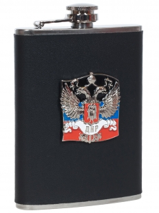 Заказать нержавеющую фляжку ДНР (обтянутая кожей, металлический жетон)