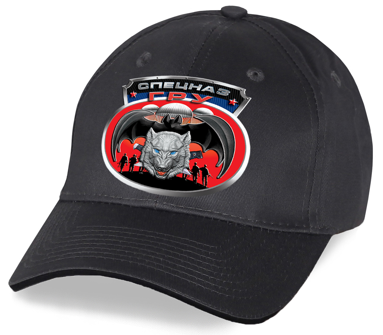 Заказать незаменимую черно-серую кепку с символом спецназа ГРУ-волком от дизайнеров Военпро по низкой цене