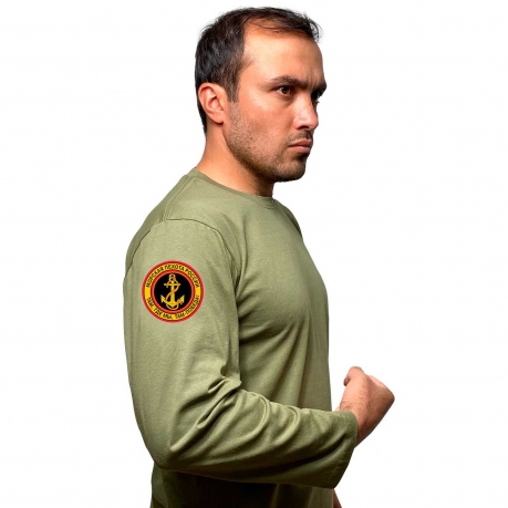 Оливковая футболка с длинным рукавом с термоаппликацией Морская пехота России
