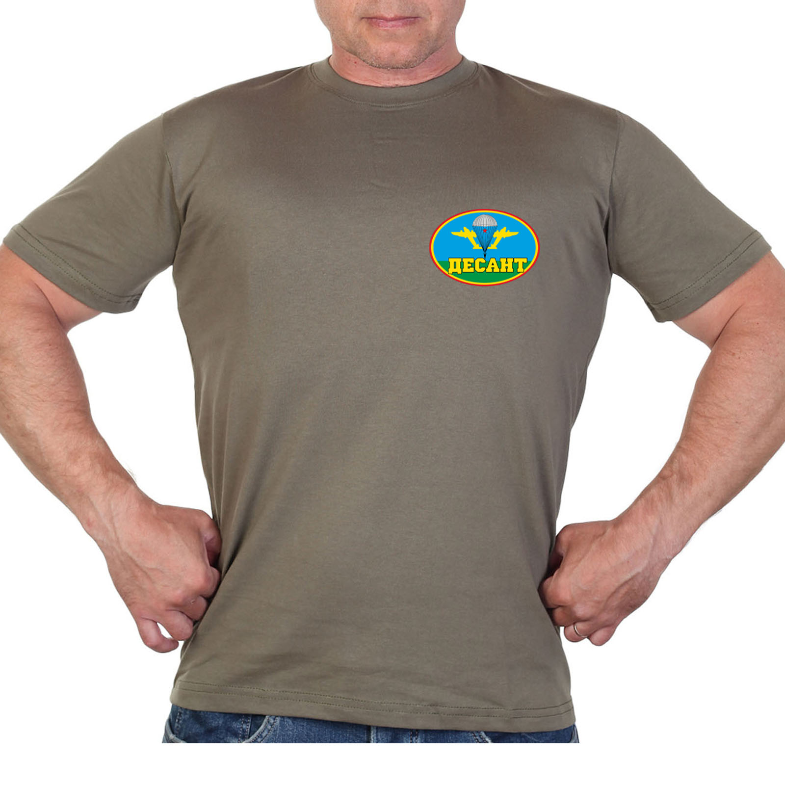 Оливковая футболка с термотрансфером "Десант"