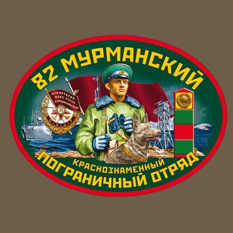 Оливковое поло с термотрансфером 82 Мурманского погранотряда