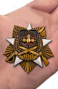 Орден "100 лет Военной разведке" в бордовом футляре из флока - вид на ладони