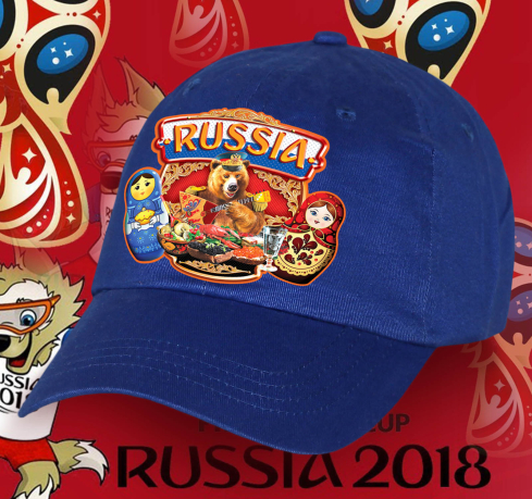 Отменная хлопковая бейсболка Russia с неповторимым принтом «Русский мишка с Матрешками». Такой сувенир с национальными символами можно купить только у нас