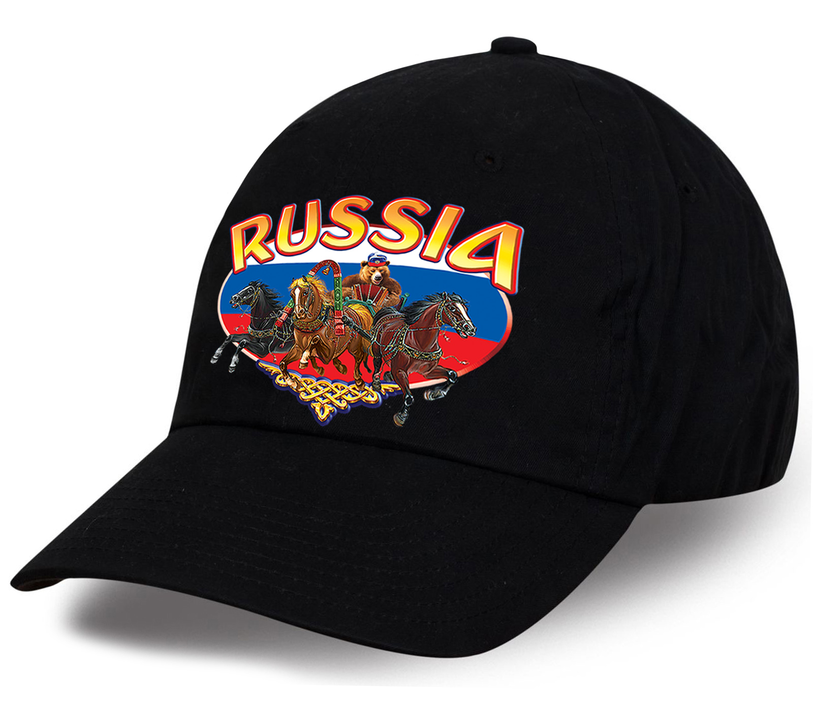 Купить отменную хлопковую патриотическую кепку с дизайнерским принтом Русской тройки RUSSIA от Военпро по низкой цене