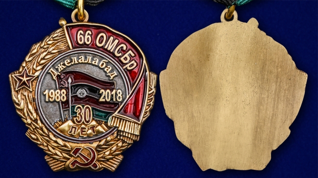 Памятная медаль "30 лет вывода из Афганистана 66 ОМСБр" в наградном футляре - аверс и реверс