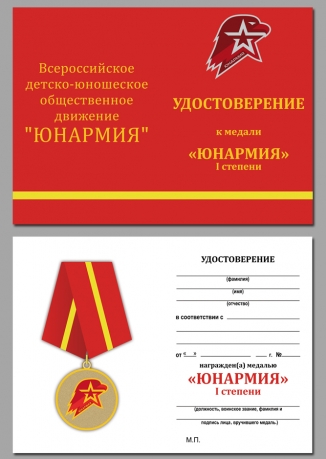 Памятная медаль Юнармии 1 степени - удостоверение