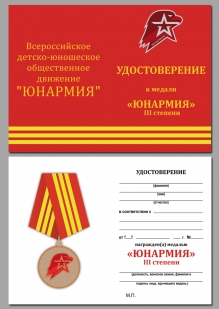 Памятная медаль Юнармии 3 степени - удостоверение
