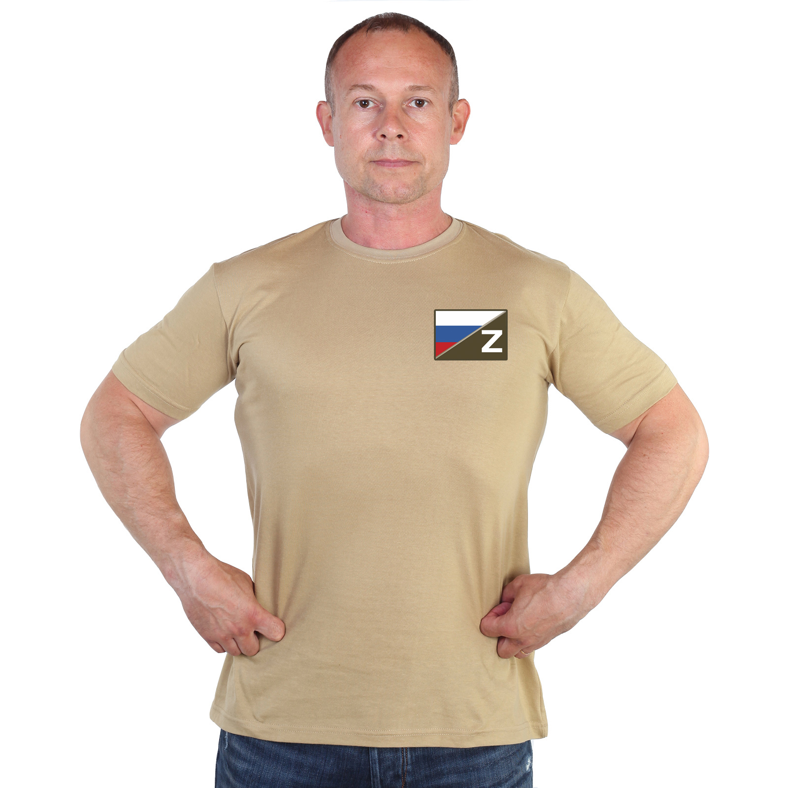 Песочная футболка с термотрансфером "Полевой шеврон Z с триколором"