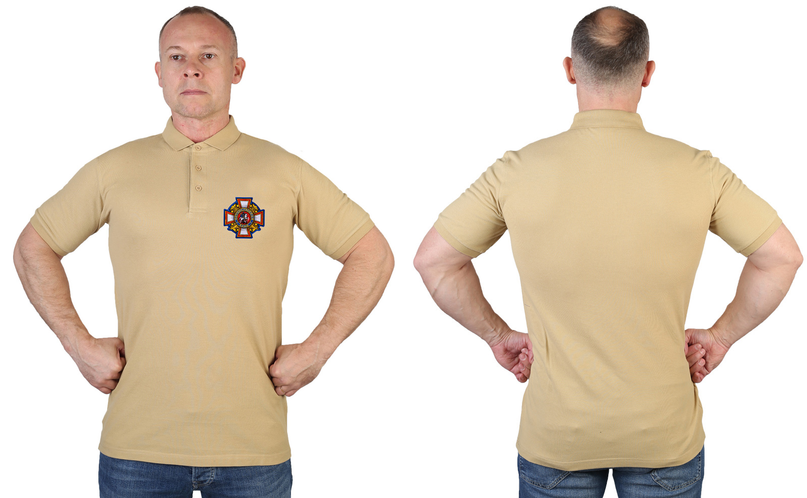 Купить песочную мужскую футболку-поло с вышивкой Потомственный Казак онлайн
