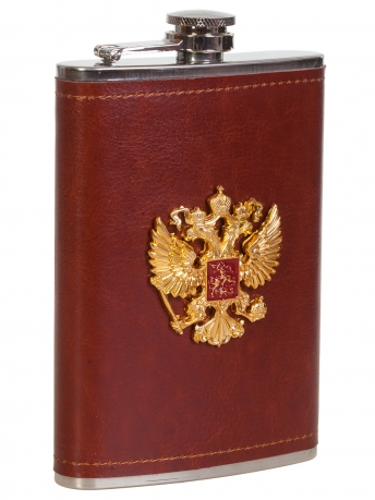 Плоская нержавеющая фляжка в чехле с накладкой Герб России - купить выгодно