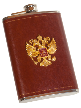 Плоская нержавеющая фляжка в чехле с накладкой Герб России - купить в подарок