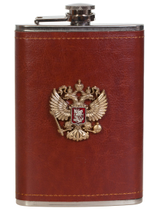 Плоская подарочная фляжка с накладкой Герб РФ