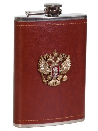 Плоская подарочная фляжка с накладкой Герб РФ - купить в подарок