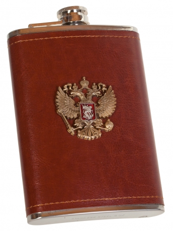 Плоская подарочная фляжка с накладкой Герб РФ - купить по низкой цене