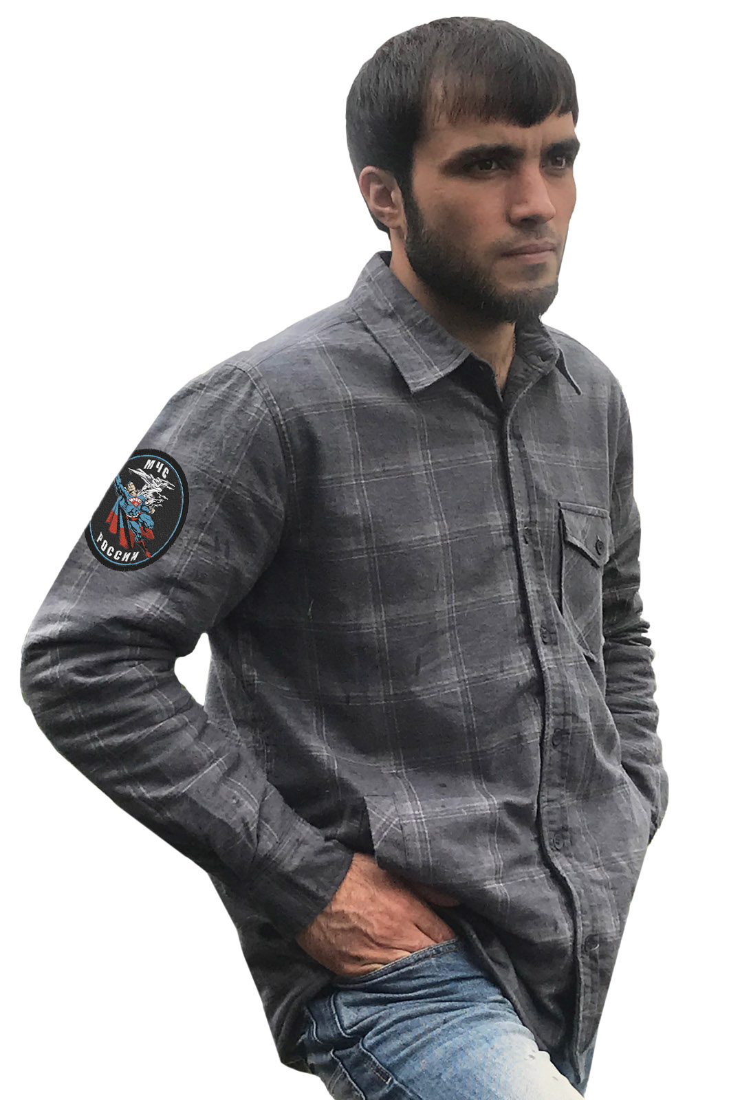 Купить практичную мужскую рубашку с вышитым шевроном МЧС России в подарок мужчине