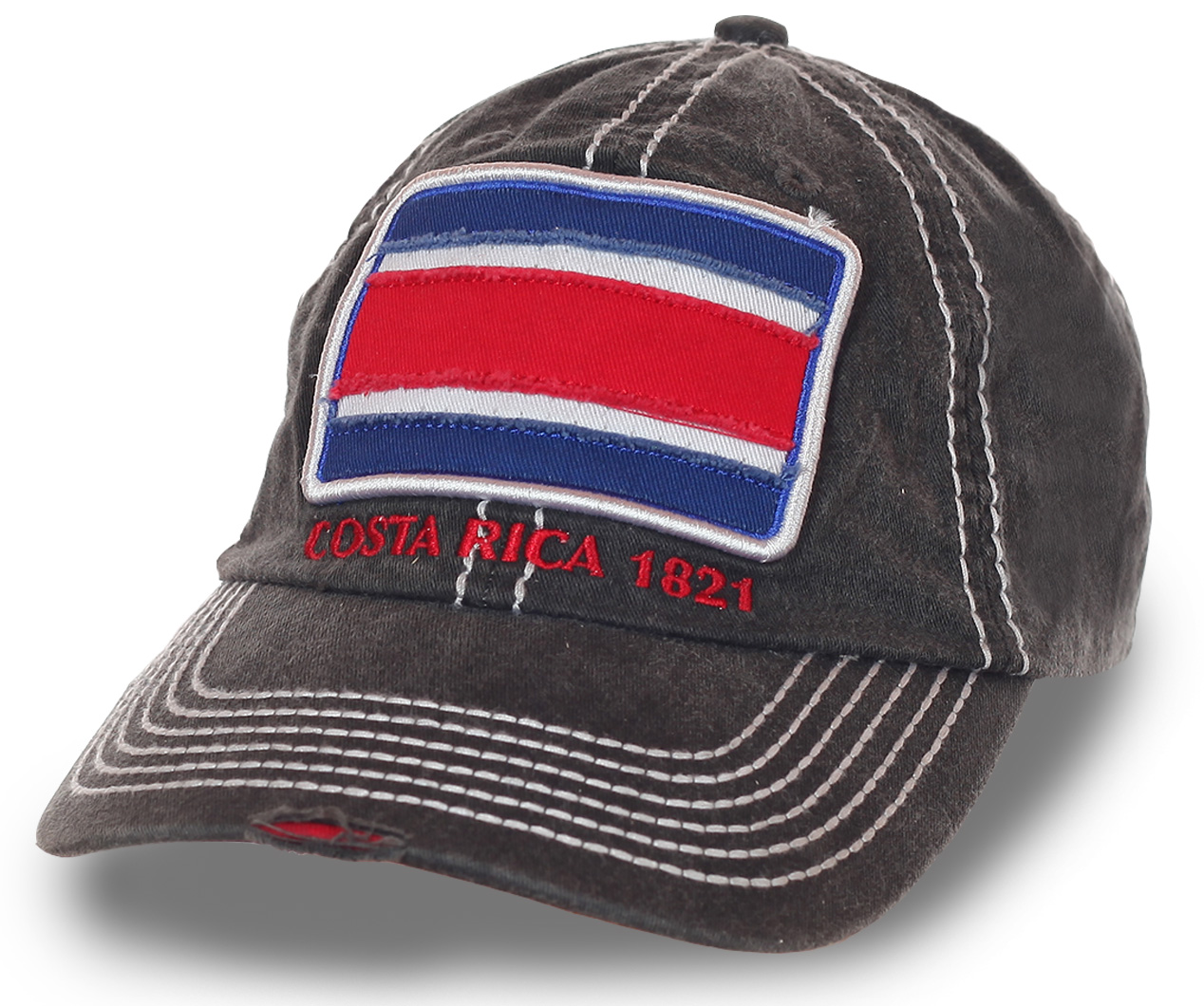 Серая мужская кепка с нашивкой Коста-Рики - контрастные строчки, стильные потёртости, плотный материал №200 ОСТАТКИ СЛАДКИ!!!!