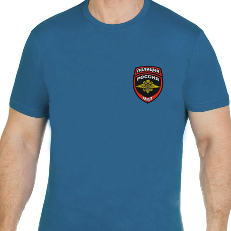 Сине-зеленая мужская футболка с вышитой эмблемой ПОЛИЦИИ