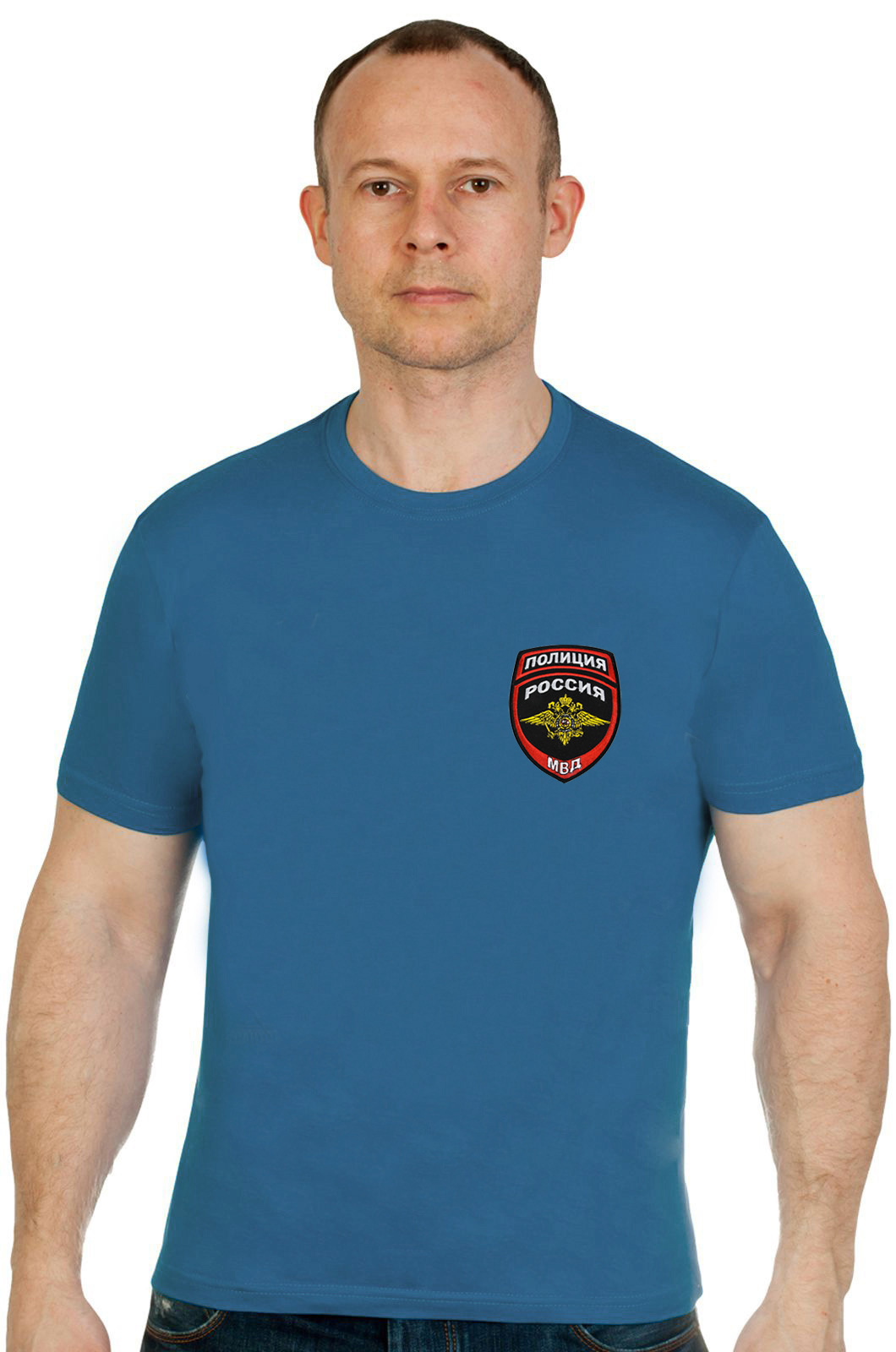 Купить сине-зеленую мужскую футболку с вышитой эмблемой ПОЛИЦИИ по выгодной цене