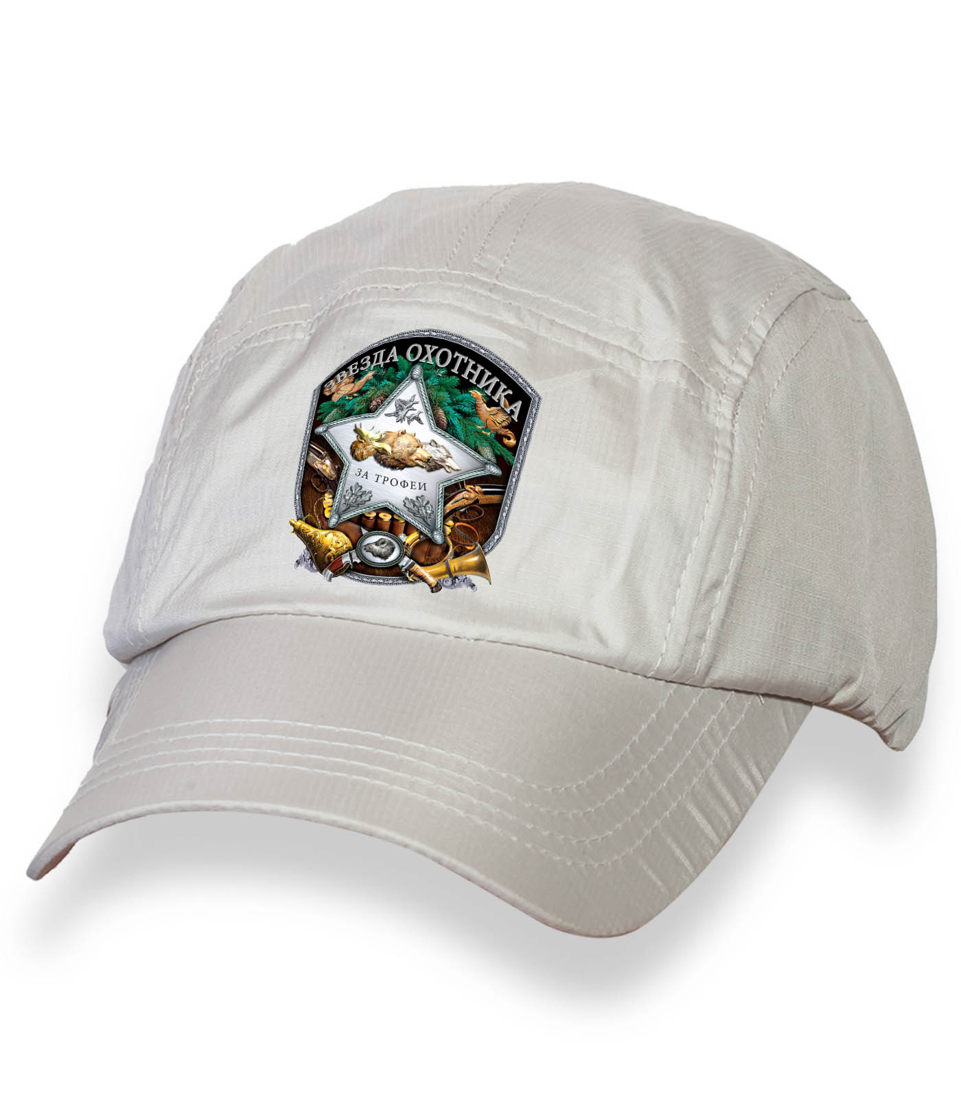 Купить стильную белую кепку-пятипанельку с термотрансфером ЗВЕЗДА ОХОТНИКА онлайн с доставкой