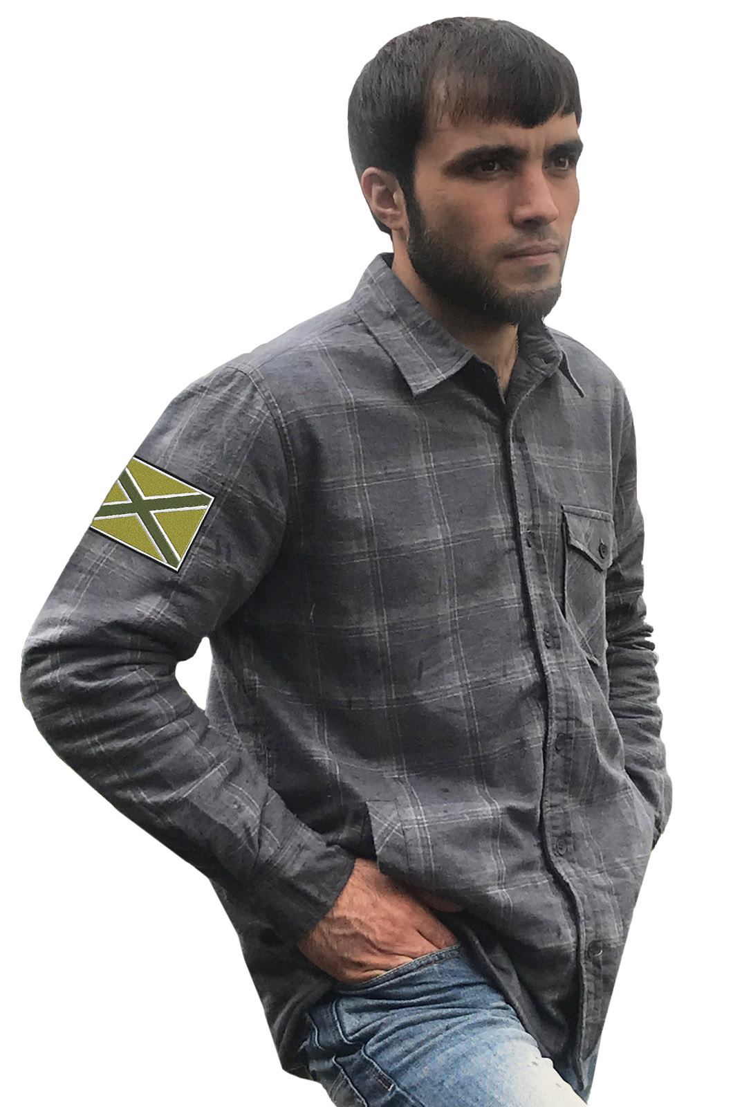 Купить стильную клетчатую рубашку с вышитым полевым шевроном Новороссия онлайн выгодно