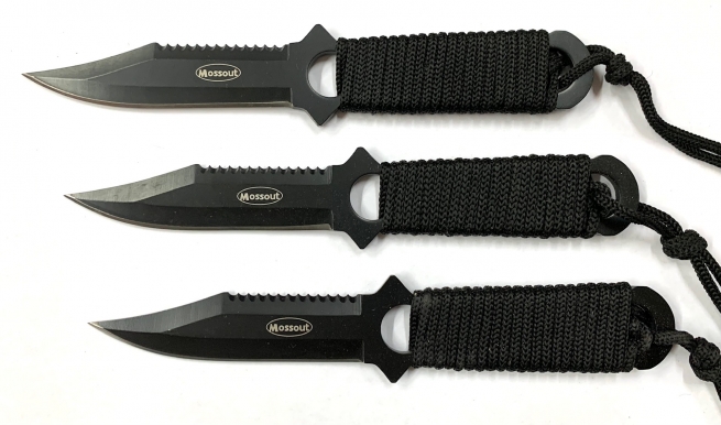 Тактический набор метательных ножей черного цвета со шнуром