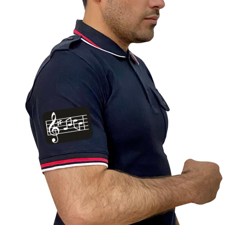 Тёмно-синяя футболка-поло с термотрансфером "Музыканты" на рукаве