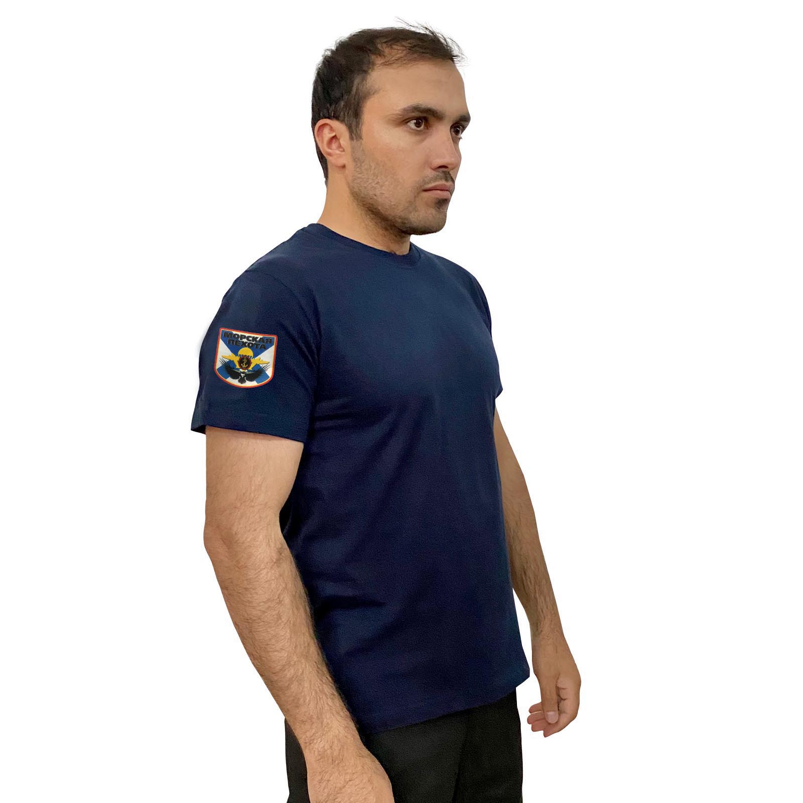 Тёмно-синяя футболка с термопринтом "Морская пехота" на рукаве