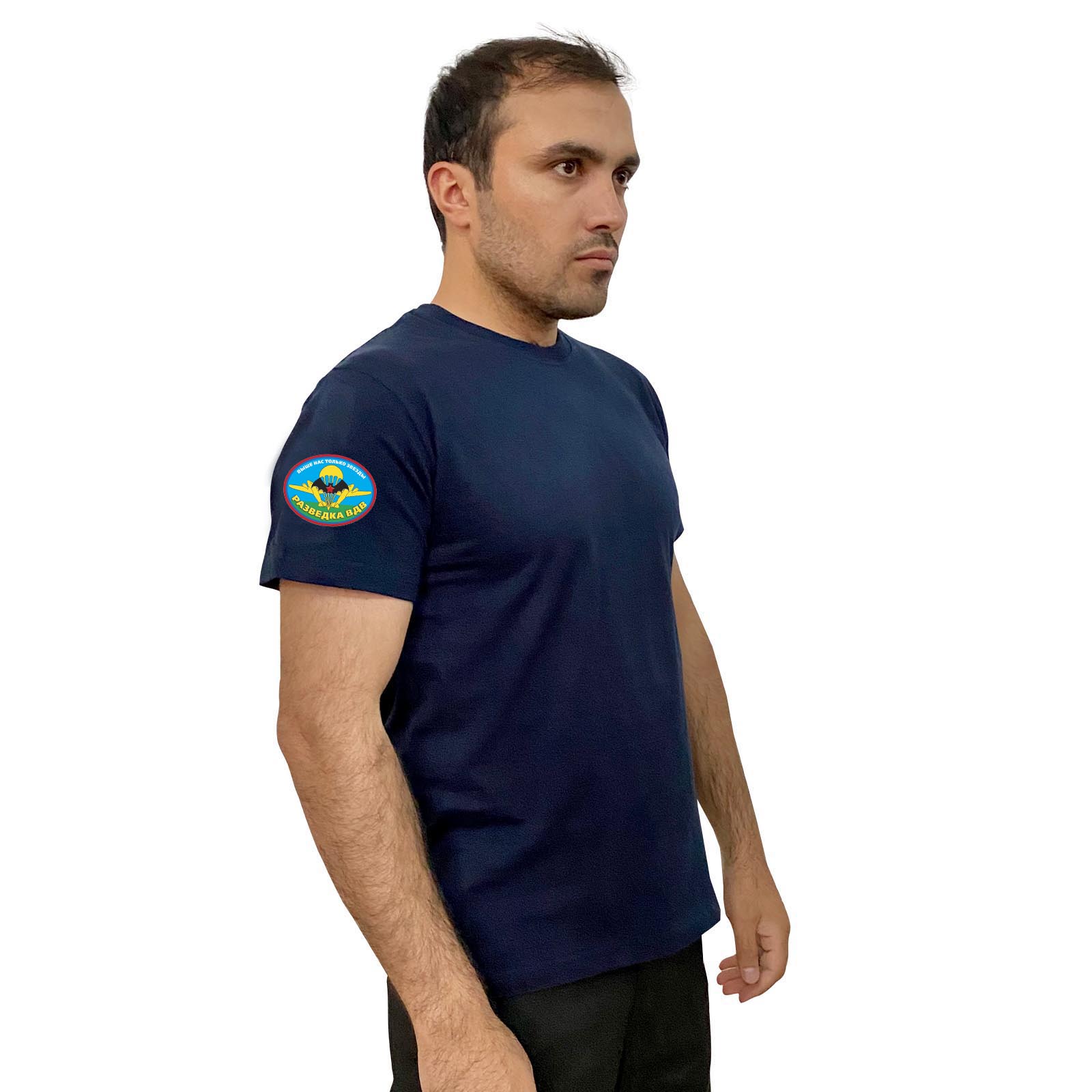 Тёмно-синяя футболка с термотрансфером "Разведка ВДВ" на рукаве