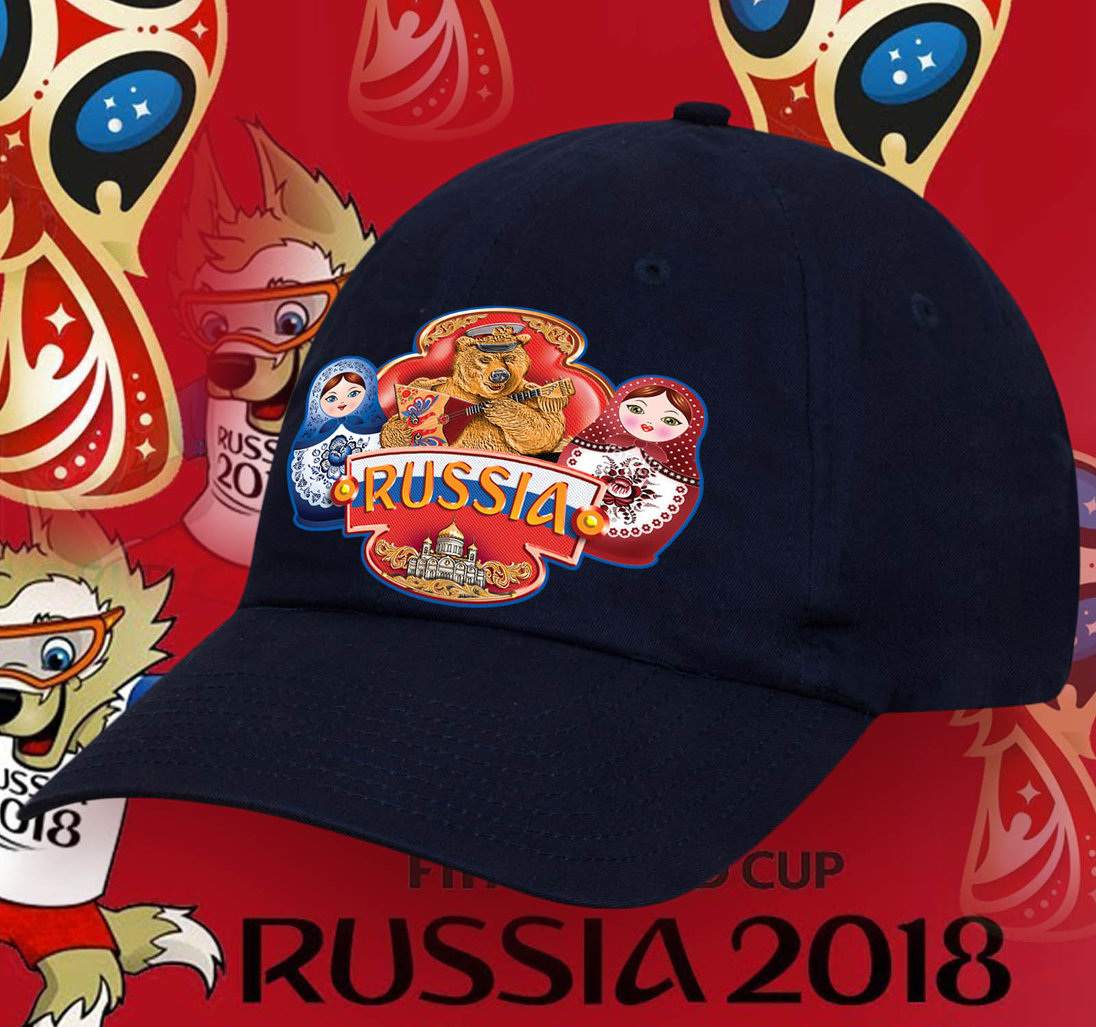 Заказать кепку для патриотов с эмблемой Мишка русская душа и Матрешки по демократической цене