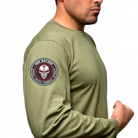 Трикотажная оливковая футболка с длинным рукавом с термотрансфером ЧВК Вагнер