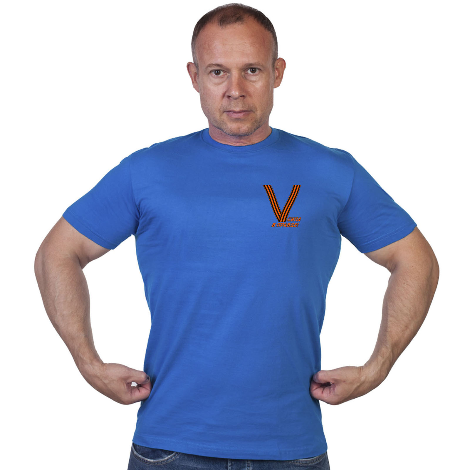 Васильковая футболка с термопереводкой «V»