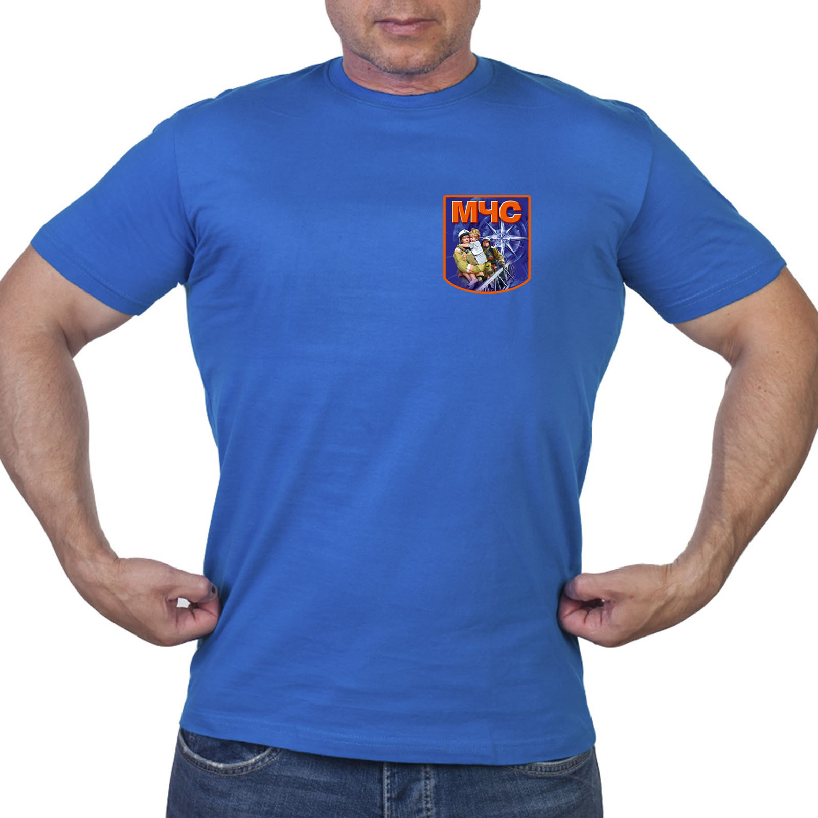 Васильковая футболка с термотрансфером "МЧС"