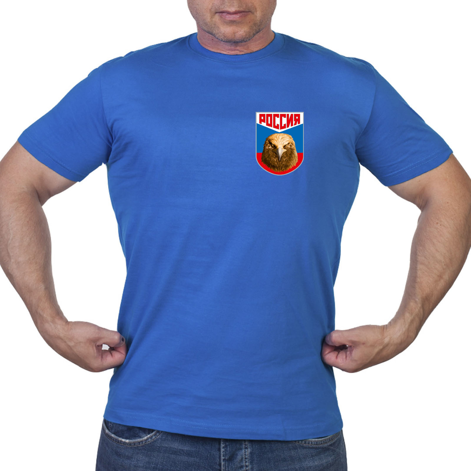 Васильковая футболка с термотрансфером "Россия"