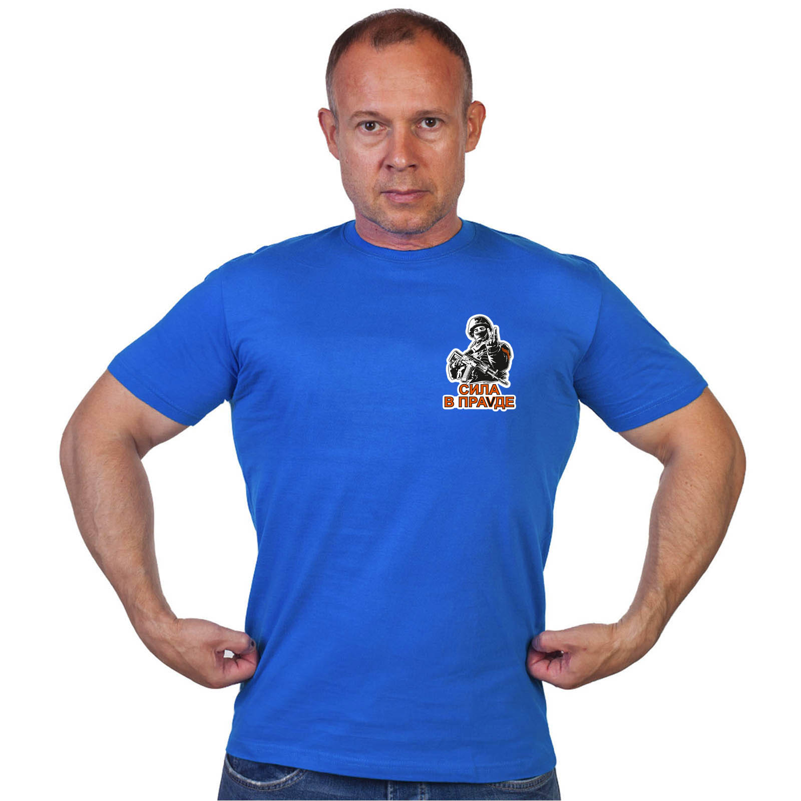 Васильковая футболка с термотрансфером "Сила в праVде"