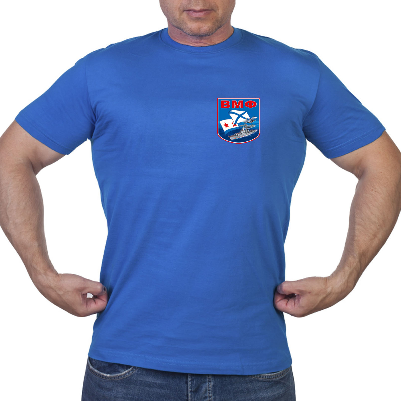 Васильковая футболка с термотрансфером "ВМФ"