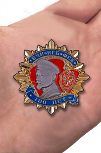 Юбилейный знак "100 лет ВЧК-КГБ-ФСБ" в наградном футляре с покрытием из флока - вид на ладони
